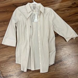 Nwt chicos iron free tan pinstripe button down 3/4 sleeve shirt